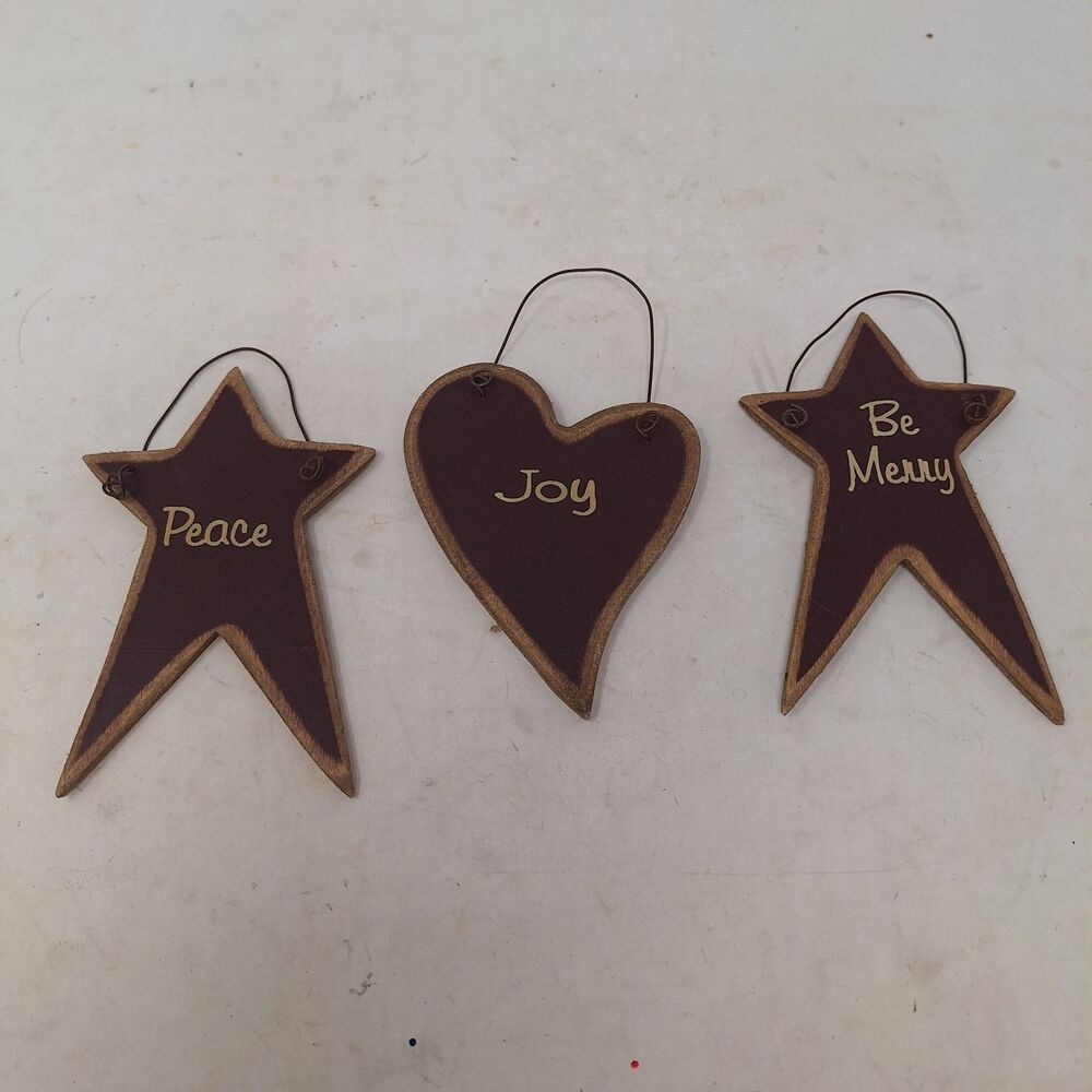 Lot Of 3 Wooden Christmas Ornaments Peace Joy Be Merry Primitive Star Heart